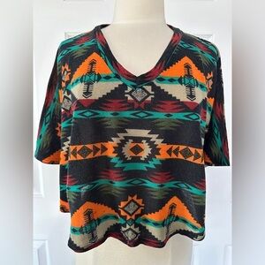Poncho Style Aztec Print Cape Top with Sleeve Tacks One Size